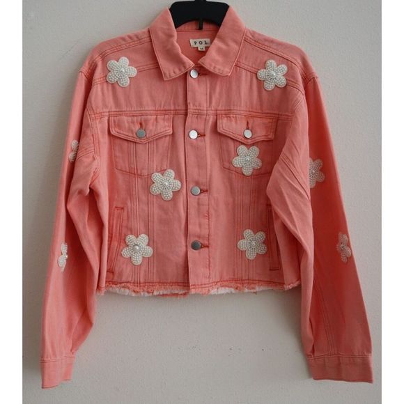 POL SMJ302A Women's Sz Medium Neon Papaya Beaded Pearl Daisy Denim Jacket - Picture 3 of 10